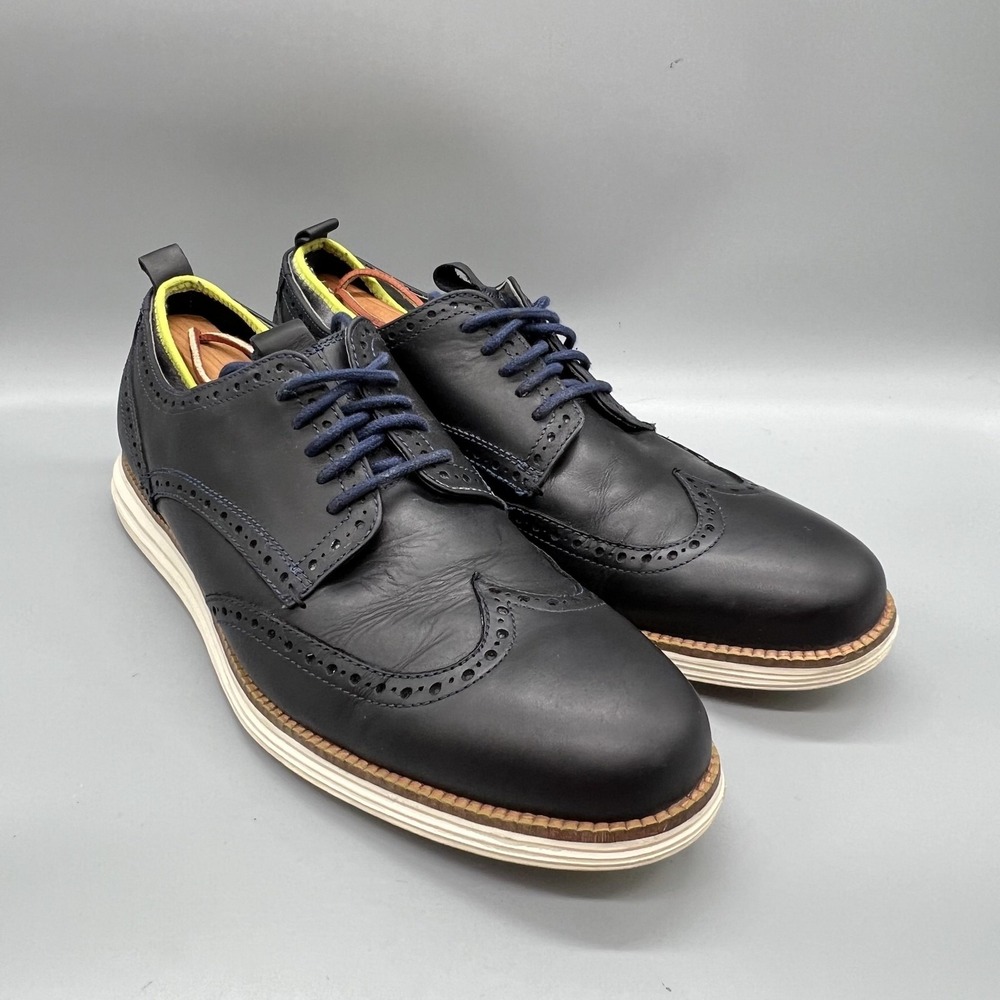 Cole Haan Shoes Mens 10.5 Navy Blue Leather Grand OS Wingtip Oxford Dress Brogue - Picture 2 of 11